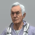 Game and Movie Character Seated in Wheelchair With Gray Hair Purple Shirt Beige Pants and Scarf