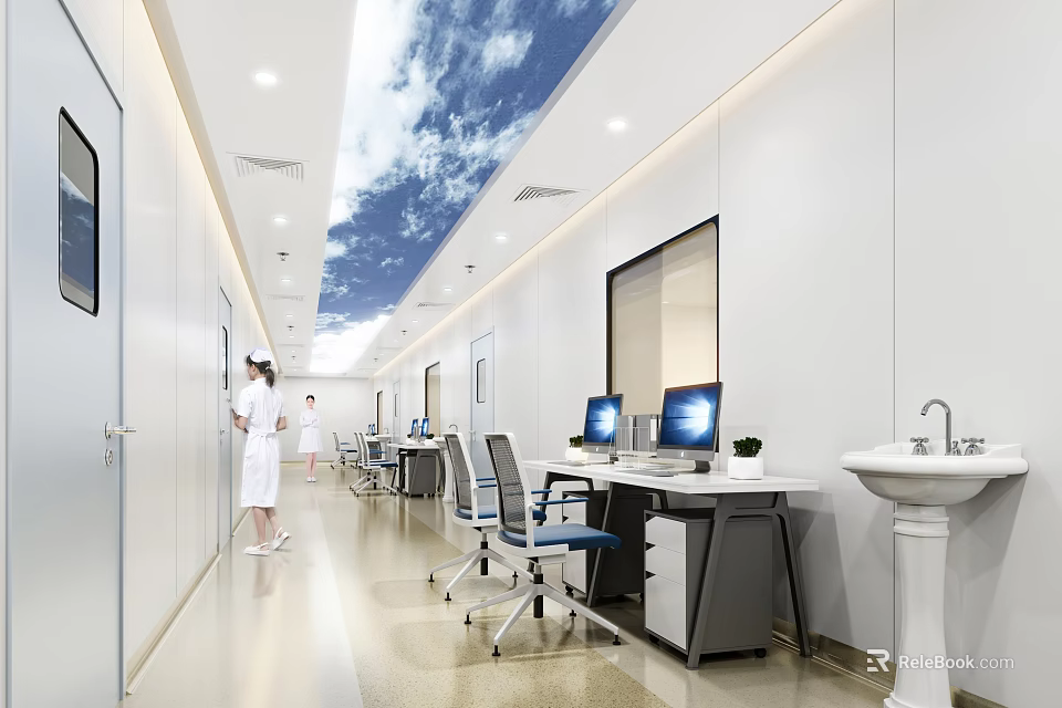 Hospital Outpatient Clinic Corridor With Sky Ceiling And Computer Workstations 3d model 