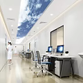 Hospital Outpatient Clinic Corridor With Sky Ceiling And Computer Workstations