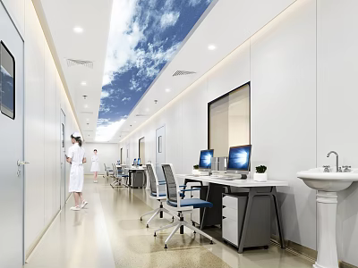 Hospital Outpatient Clinic Corridor With Sky Ceiling And Computer Workstations 3d model