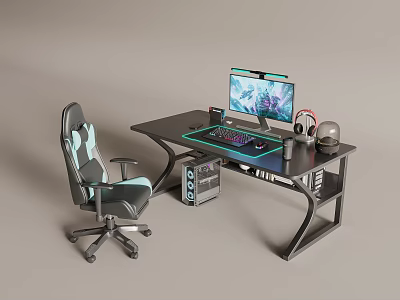 Modern Gaming Computer Setup With Ergonomic Chair Monitor Keyboard Headphones And PC Case 3d model