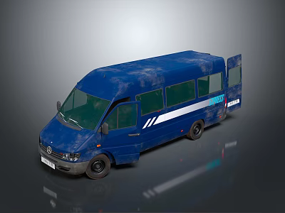 Blue Van With Open Side Door And White Stripe Design On Body 3d model