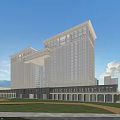 Modern White Office Building With Large Windows Colonnade Base Lawn Water Pool And Blue Sky