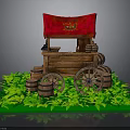 Wooden Cart With Red Canopy Surrounded By Green Plants And Barrels