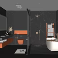 Modern Bathroom Interior Design With White Bathtub Black Cabinets Wooden Vanity And Large Mirror