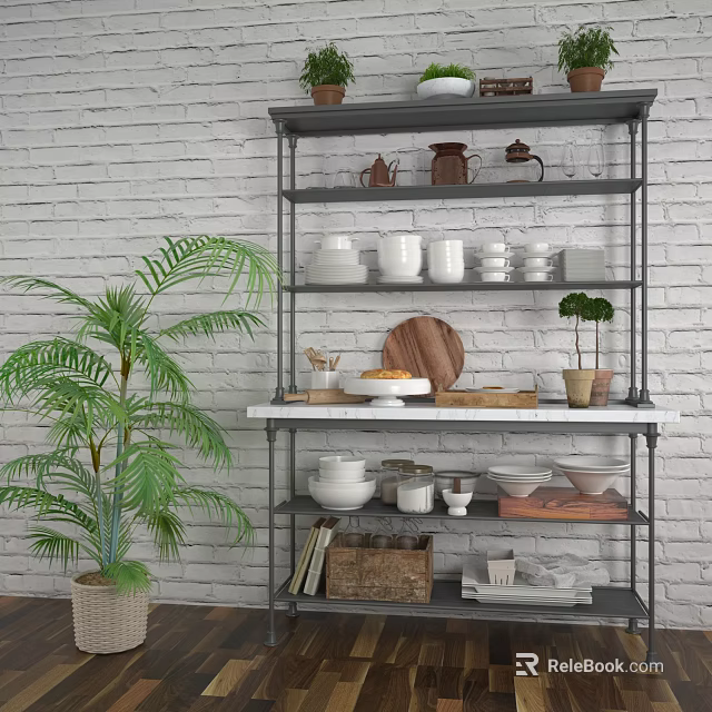 Stylish Shelving Unit With White Bowls Teapots Green Plant And Brick Wall Background 3d model 