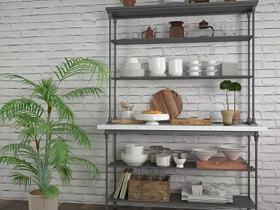 Stylish Shelving Unit With White Bowls Teapots Green Plant And Brick Wall Background 3d model