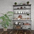 Stylish Shelving Unit With White Bowls Teapots Green Plant And Brick Wall Background