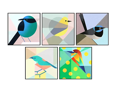 Colorful Abstract Paintings of Birds Featuring Geometric Shapes and Artistic Design 3d model