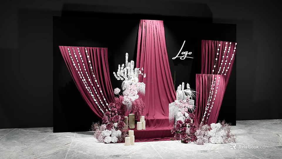 Elegant Wedding Decoration Setup With Red Curtains White Chandelier And Floral Arrangements Against Black Backdrop 3d model 