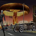 Futuristic Female Game Character In Post Apocalyptic Town With Giant Ring Structure And Rusted Car