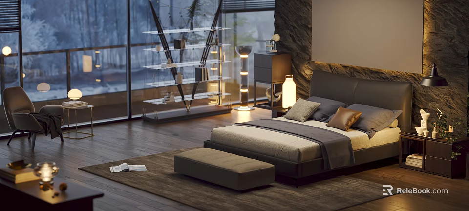 Modern Bedroom Interior With Comfortable Bed Nightstand Floor Lamp Area Rug And Window View 3d model 