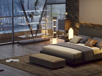 Modern Bedroom Interior With Comfortable Bed Nightstand Floor Lamp Area Rug And Window View 3d model