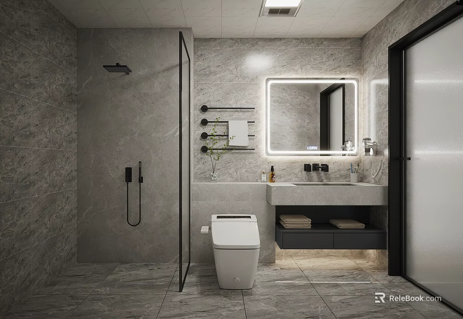 Modern Bathroom Interior With Gray Stone Walls Backlit Mirror Smart Toilet And Vanity 3d model 
