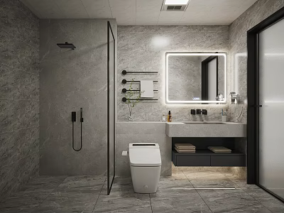 Modern Bathroom Interior With Gray Stone Walls Backlit Mirror Smart Toilet And Vanity 3d model