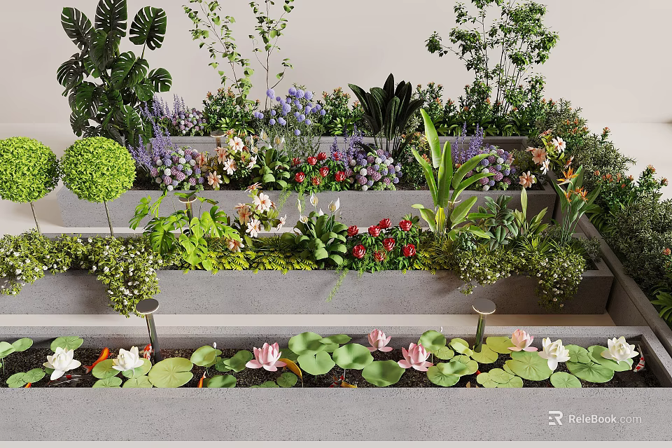 Multi Layered Garden Plant Arrangement With Colorful Flowers Green Plants Water Lilies And Lotus Leaves 3d model 