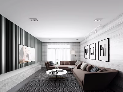 Modern Minimalist Living Room Interior Design With Brown Sectional Sofa And Stylish Wall Art 3d model
