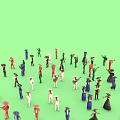 Group of people in different costumes performing with hats on green background