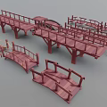 Red Wooden Bridge Models With Various Styles Railings And Pavilion Like Structures 3d model