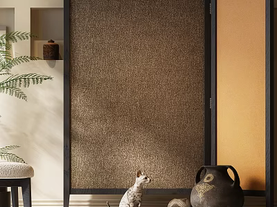 Woven Brown Room Divider in Japanese Interior with Cat Fern Plant and Clay Pot 3d model