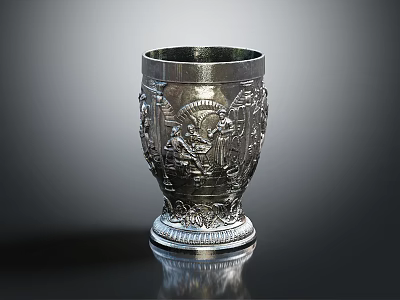 Silver Decorative Metal Cup With Intricate Carved Patterns And Ornate Base Design 3d model