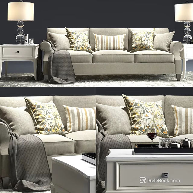 Modern Beige Three Seater Sofa With Decorative Pillows Throw Blanket And Side Table 3d model