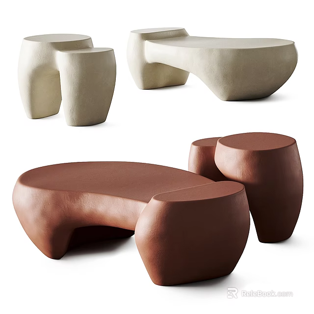 Modern Coffee Tables With Irregular Shapes Beige And Brown Matching Side Stools 3d model 