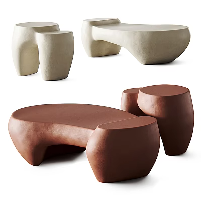 Modern Coffee Tables With Irregular Shapes Beige And Brown Matching Side Stools 3d model