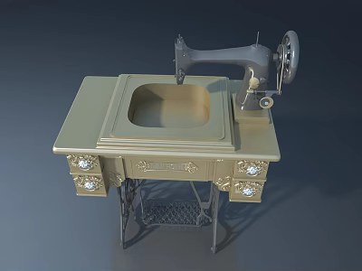 Vintage Sewing Machine On Golden Table With Decorative Flat Panel Doors And Drawers 3d model