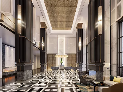 Elegant Hotel Lobby With Black And White Checkered Floor Tall Columns And Sofa Seating Area 3d model