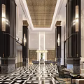 Elegant Hotel Lobby With Black And White Checkered Floor Tall Columns And Sofa Seating Area