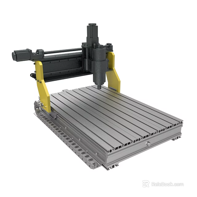 CNC Milling Machine with Metal Worktable Yellow Support Frame Black Spindle and Precision Machining 3d model 