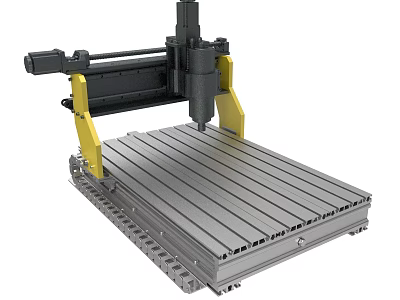 CNC Milling Machine with Metal Worktable Yellow Support Frame Black Spindle and Precision Machining 3d model