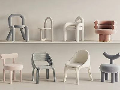 Various Modern Children's Chairs With Pastel Colors And Minimalist Designs Arranged On Shelves 3d model
