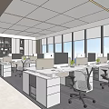 Modern Public Office Space with Workstations Computer Monitors Ergonomic Chairs and Large Windows