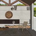 Cozy Living Room Interior With Woven Circular Decor Clay Pots Fireplace Firewood And Woven Chair