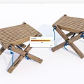 Wooden Folding Stools With Slatted Seat Crossed Legs And Blue Rope Fasteners