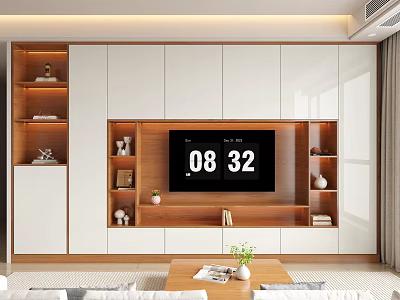 Modern Minimalist TV Wall Unit With White Cabinets And Wooden Storage Shelves 3d model