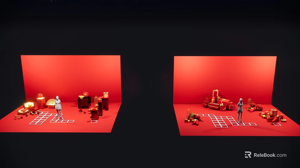 Other Red Background Display Scenes With Miniature Figures Furniture Items And Grid Patterned Floor 3d model 