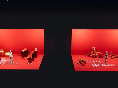 Other Red Background Display Scenes With Miniature Figures Furniture Items And Grid Patterned Floor 3d model