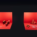 Other Red Background Display Scenes With Miniature Figures Furniture Items And Grid Patterned Floor