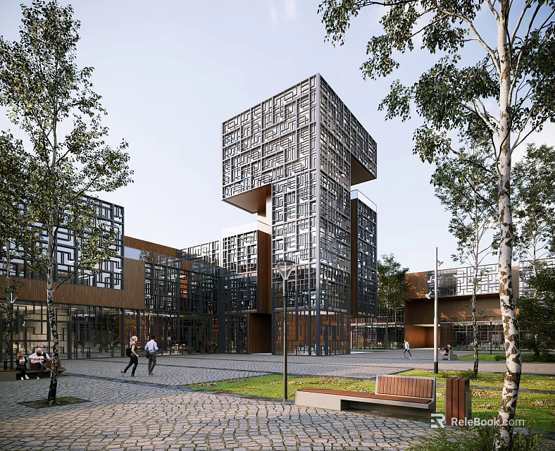 Modern Multi Storey Office Building With Glass Curtain Wall Plaza Pedestrians And Green Trees 3d model 