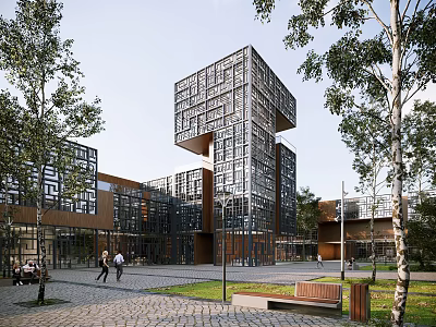 Modern Multi Storey Office Building With Glass Curtain Wall Plaza Pedestrians And Green Trees 3d model