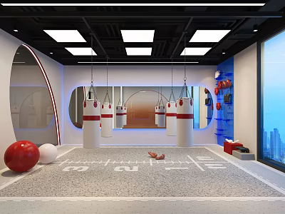 Modern Sports Fitness Training Area With Hanging Punching Bags Exercise Balls Mirrors And Blue Lockers 3d model