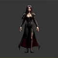 3D Model Woman With Long Hair In Black Coat Gold Trim And Slit Design Standing