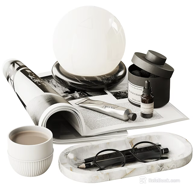 Decorative Ornament Set With White Sphere Black Lidded Container Open Magazine Marble Tray And Eyeglasses 3d model 