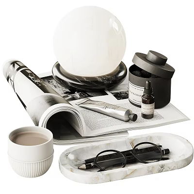 Decorative Ornament Set With White Sphere Black Lidded Container Open Magazine Marble Tray And Eyeglasses 3d model