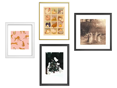 Various Style Framed Artworks With Animal And People Figures On White Background 3d model