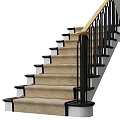 Modern Staircase with Golden Handrail Black Railings and Beige Carpeted Steps Design