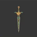 Ornate Decorative Sword With Red Rose Accent And Blue Gemstone Details On Silver Hilt